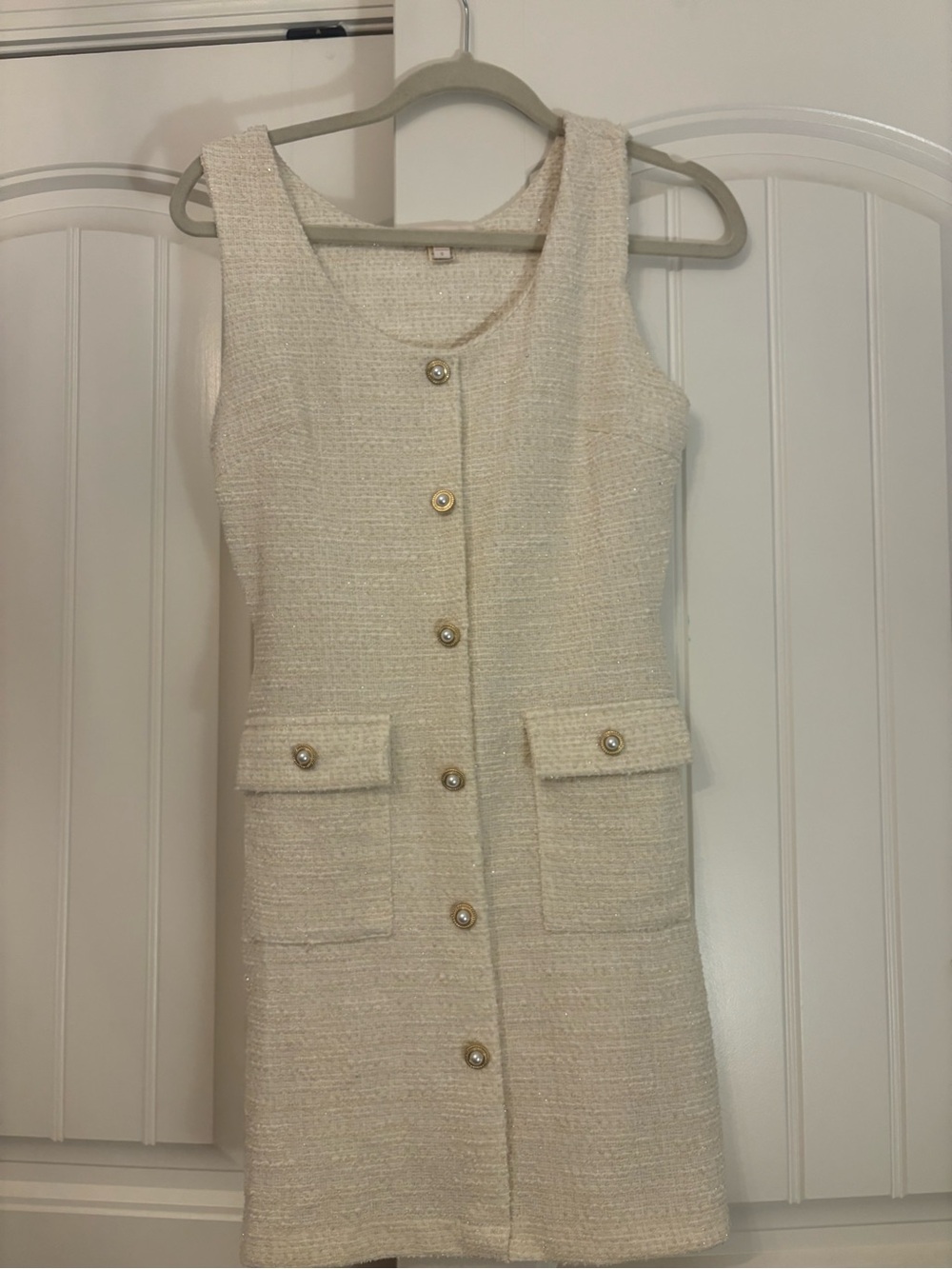 Sleeveless Cream Tweed Shift Dress with Pearl Buttons